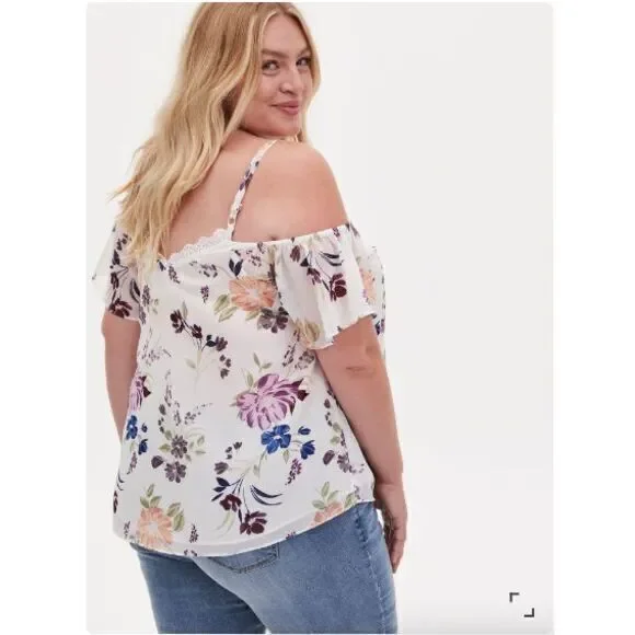 Torrid Women's Floral Print Crinkled Chiffon Cold Shoulder Blouse‎ White Size 1X - Picture 8 of 8